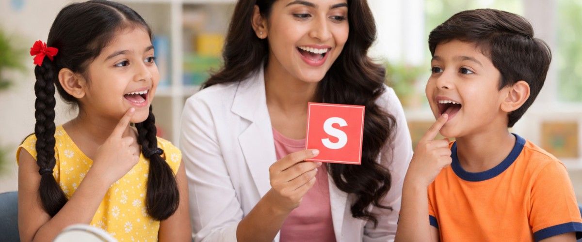 Teacher and two children look excited as they learn letters; the teacher holds a red card with the letter S for a spelling activity