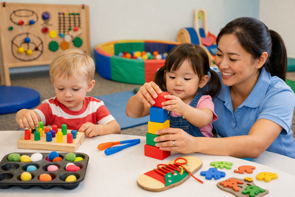 Teacher assists two toddlers stacking bright blocks at a table in a daycare playroom bedded with colorful toys for early learning outside of view group play area?