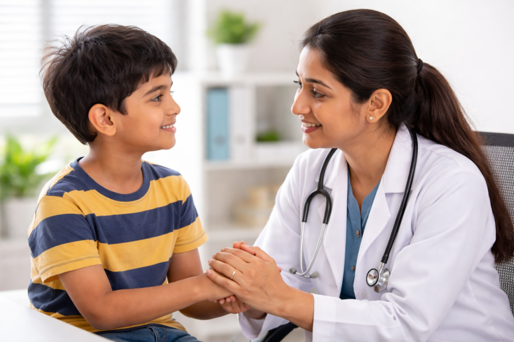 Female doctor in a white coat with a stethoscope smiles at a young boy, holding his hands in a comforting gesture during a visit