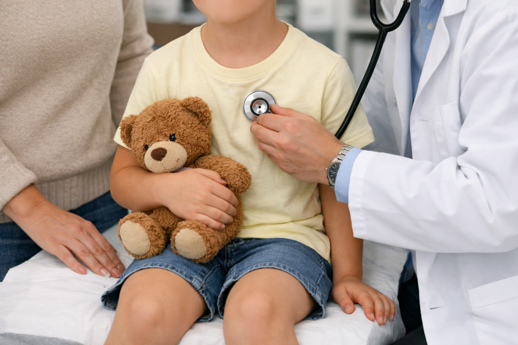 Pediatrician listens to a child's heartbeat with a stethoscope while the child sits with a teddy bear and a parent nearby