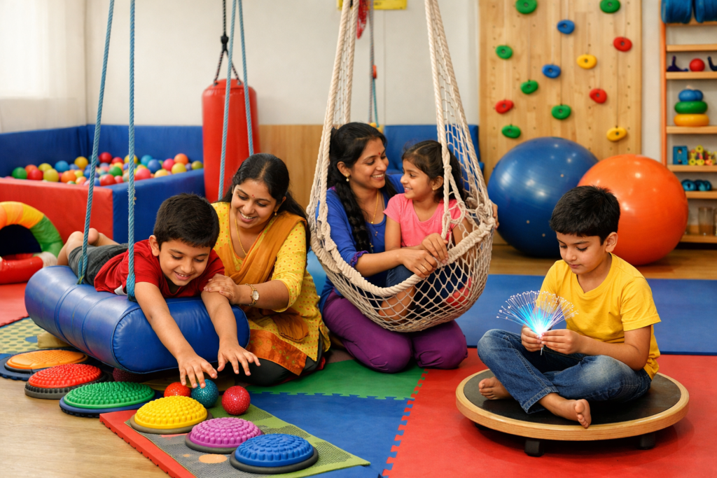 Children and adults playing in a colorful indoor playroom with swings, climbing wall, and a ball pit in the background