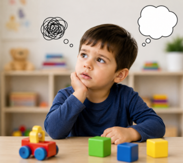 Young boy in a blue shirt sits at a table with colorful blocks, resting his chin on his hand and looking upward, with cartoon thought bubbles above his head in a bright playroom 