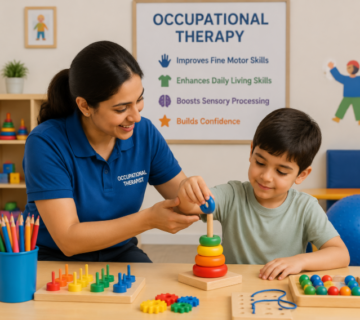 Occupational therapist helps a child stack colorful rings during therapy, with an OT poster visible in the background 
