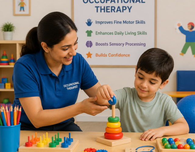Occupational therapist helps a child stack colorful rings during therapy, with an OT poster visible in the background