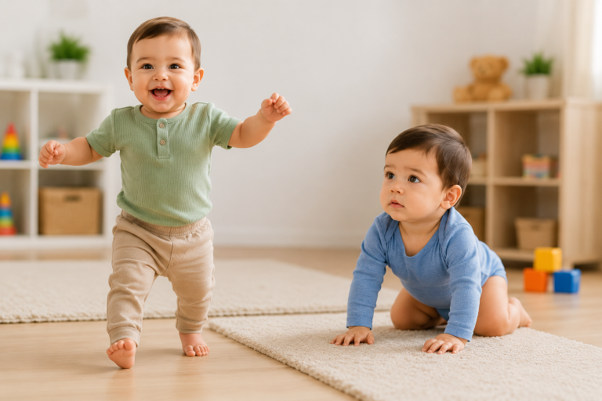Two babies playing indoors on a light rug: one stands and smiles, the other crawls nearby 