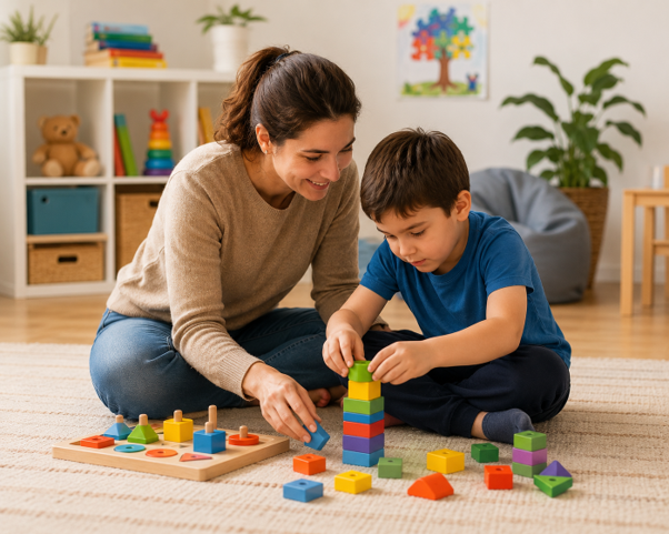 A woman and a young boy sit on a rug, stacking colorful wooden blocks into a tower 